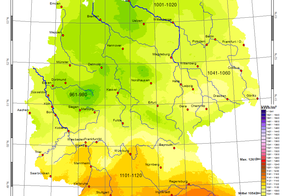 Die Karte zeigt mittlere Jahressumme der Globalstrahlung in Deutschland von 1981-2010